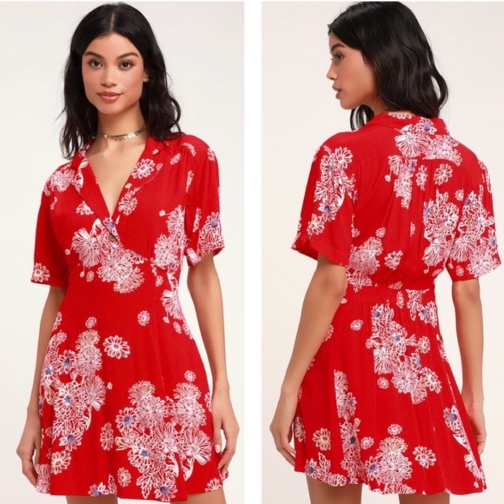 Free People Blue Hawaii Red Floral Print Mini Dress Size Large.